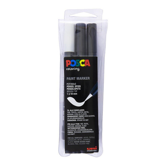 Uni Posca Markers PCF-350 Brush, 3 set Black and White